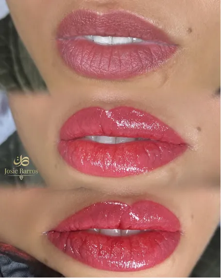 Evolução de micropigmentação labial feita pela Josie Barros, três estágios de cor